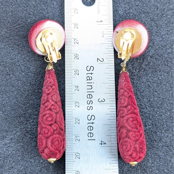 Vintage 80s Earrings Long Statement Red Burgundy Velvet With Clips - Picture 5 of 6